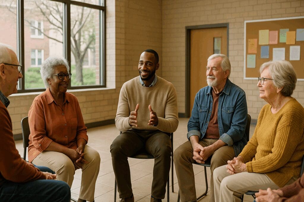 Diverse group of seniors in a community center group session led by a facilitator, reflecting mental health advocacy organizations in action.

