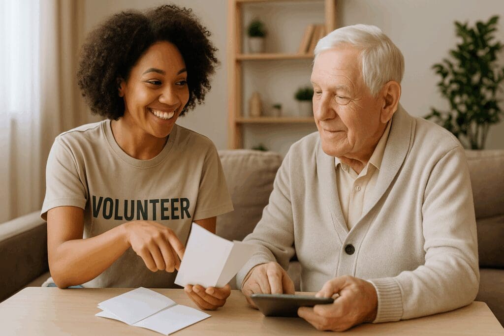 Cheerful volunteer sharing pamphlets and a tablet with an elderly man during a community visit by mental health advocacy organizations

