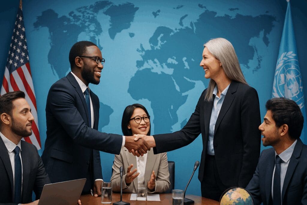 Diverse professionals from mental health advocacy organizations shaking hands at a global summit with world map backdrop

