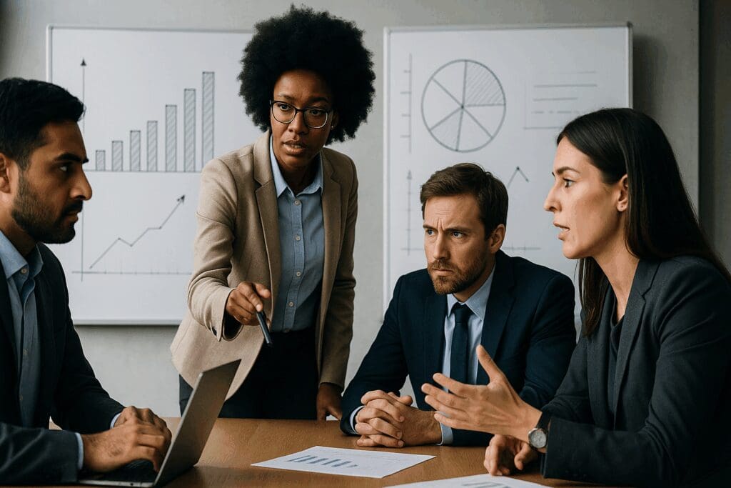 Researchers and policy advocates from mental health advocacy organizations discussing data and legislation in a professional meeting room.

