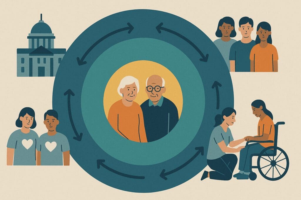 Illustration showing seniors at the center of a support network with caregivers, peer groups, and mental health advocacy organizations surrounding them in layered circles.

