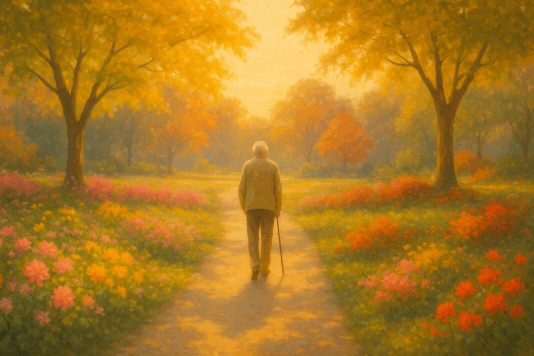 Elderly person walking peacefully through a sunlit park in spring, symbolizing mental health and emotional health.