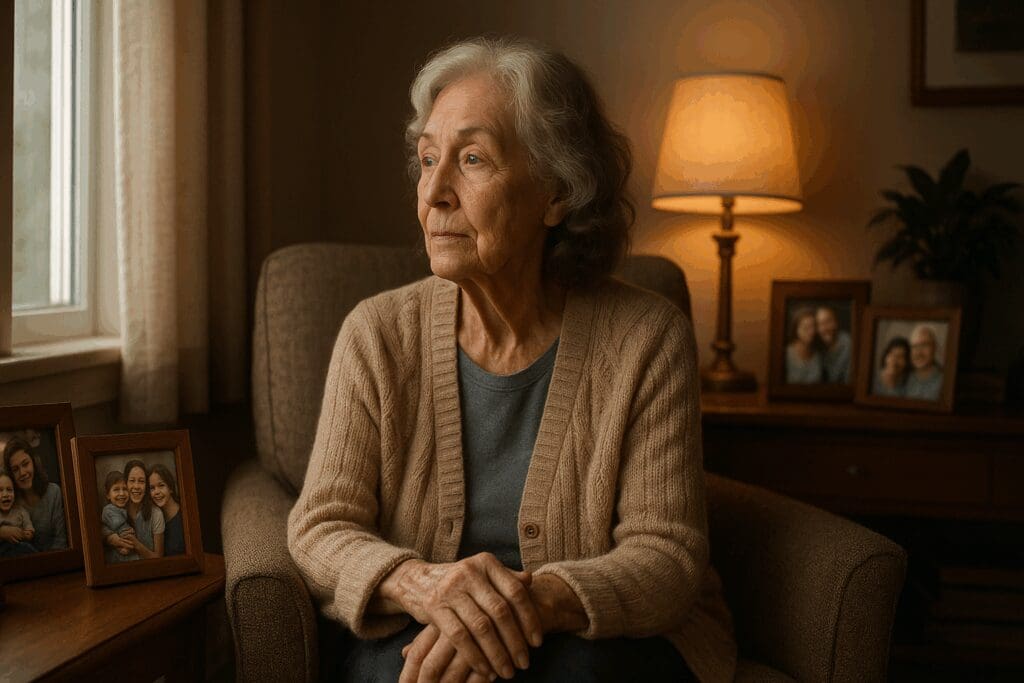 Elderly woman sitting alone in a warmly lit room, gazing out the window, symbolizing mental health and emotional health in aging.


