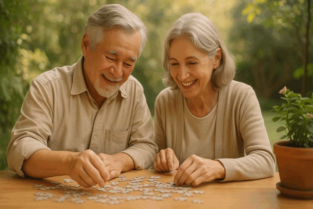 Senior couple smiling and working on a puzzle together outdoors, symbolizing harmony in mental health and emotional health.

