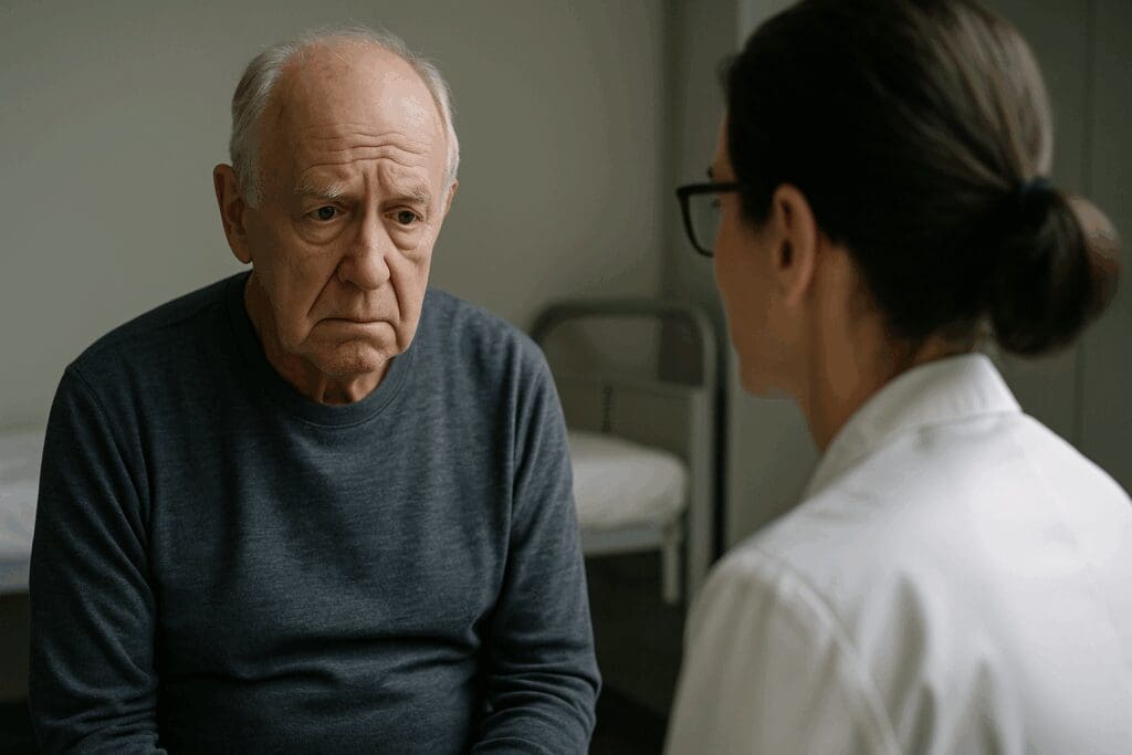 Somber elderly man discussing mental health and emotional health with a healthcare provider in a clinical setting

