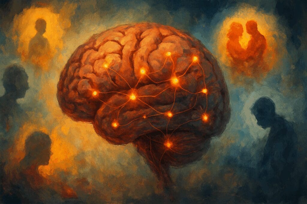 Aging brain surrounded by glowing memory nodes and faded human silhouettes, symbolizing Mental Health and Emotional Health

