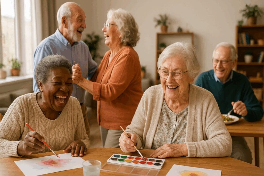 Elderly adults smiling and socializing while painting and dancing together, showing strong Mental Health and Emotional Health through community engagement.

