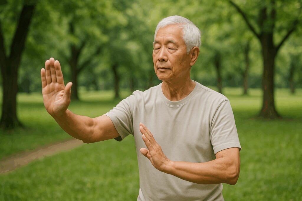 Older man practicing tai chi in a green park, promoting mental health and emotional health through mindful movement.

