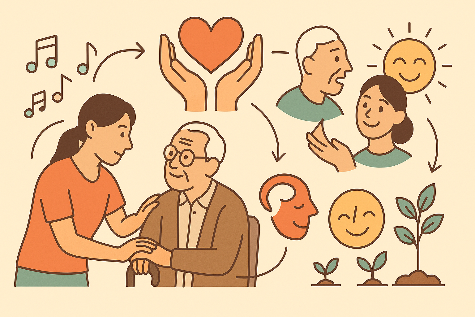 Infographic showing caregiver strategies to support senior mental health and emotional health through conversation, music, hobbies, and nurturing care