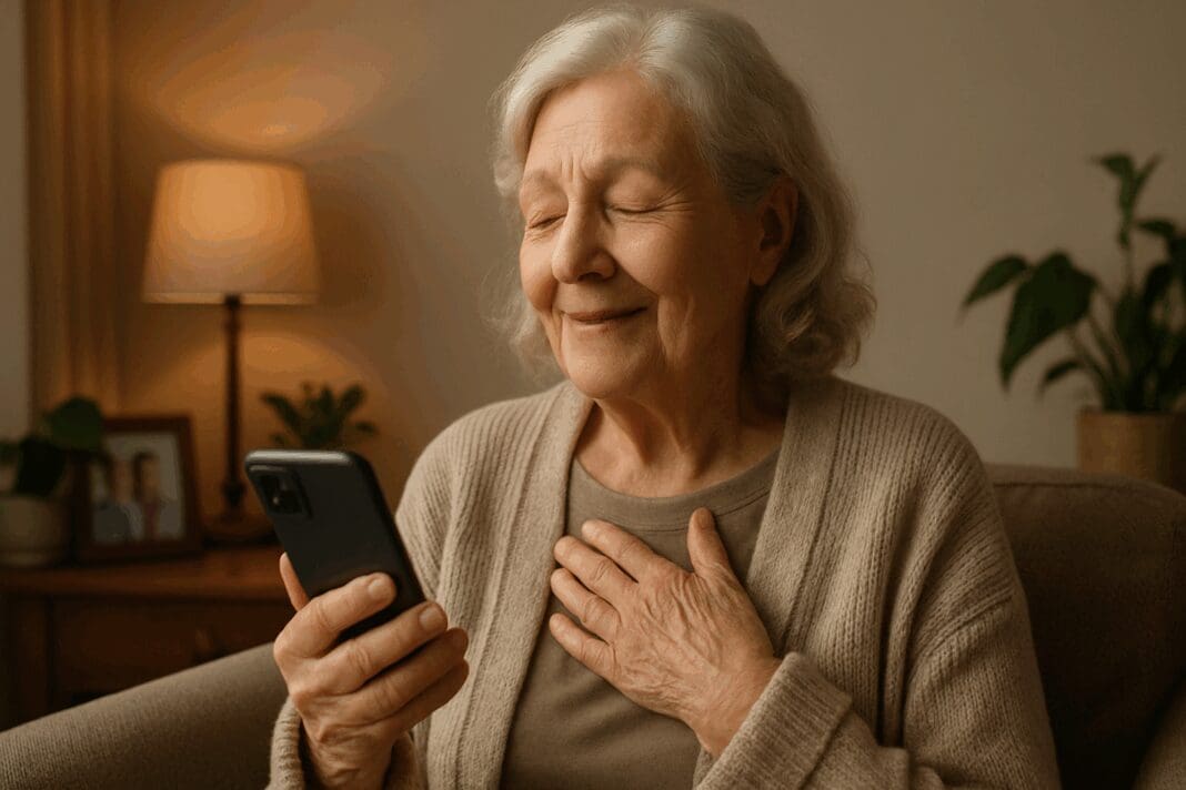 Senior woman comforted while reading support message on smartphone, symbolizing hotlines to text or call for anxiety.