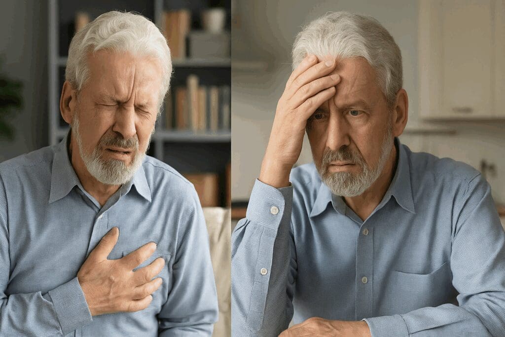 Senior man at home showing physical and emotional signs of distress, representing the need for hotlines to text or call for anxiety.

