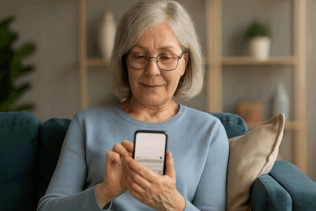 Senior woman with gray hair texting on a smartphone, representing hotlines to text or call for anxiety.

