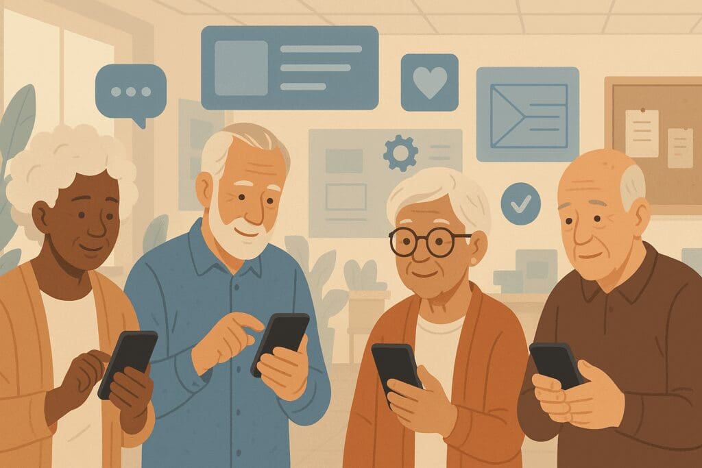 Diverse group of seniors using smartphones in a community tech space, symbolizing access to hotlines to text or call for anxiety

