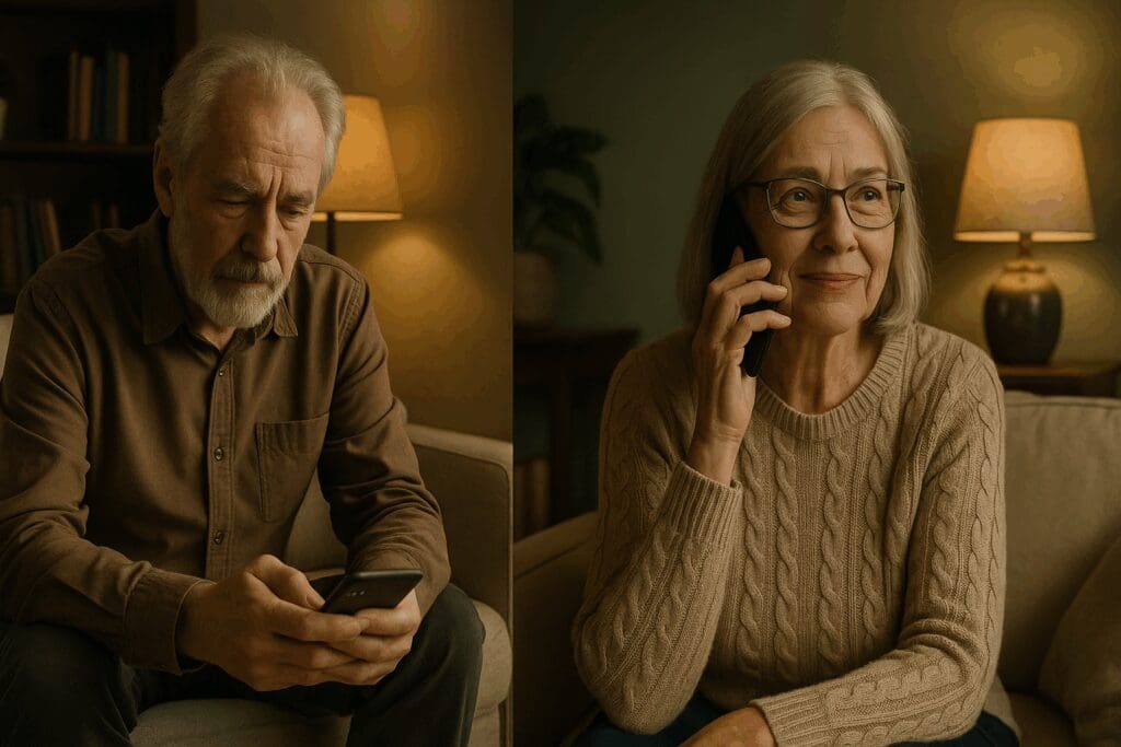 Two seniors in separate cozy rooms using their phones, symbolizing emotional support through hotlines to text or call for anxiety.

