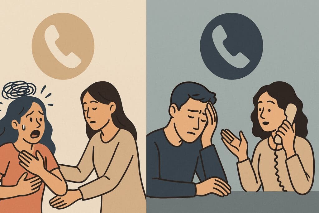 Split-screen illustration showing hotlines to text or call for anxiety and depression, with a woman in panic being calmed and a man in sadness receiving phone support.