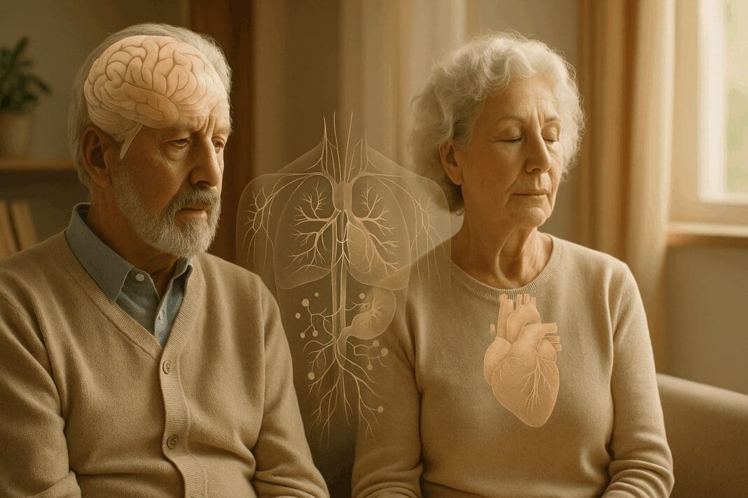 Senior man and woman sitting peacefully in a sunlit room with transparent brain, heart, and immune system overlays illustrating how mental health affects you.