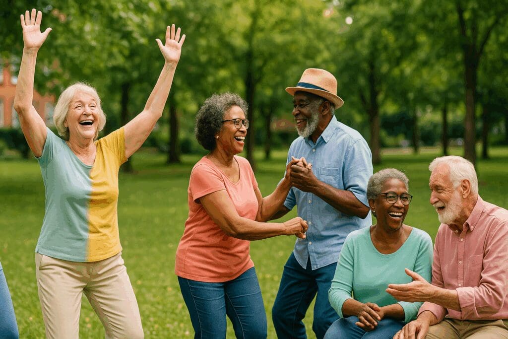 Seniors laughing and dancing together in a park during group activity, showing how mental health affects you through social connection and joy

