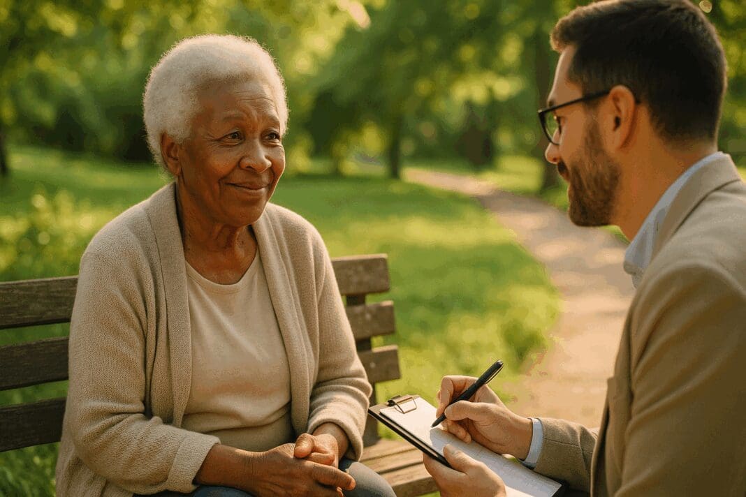 Elderly woman speaking with a counselor on a park bench, illustrating how to get mental health help with dignity.