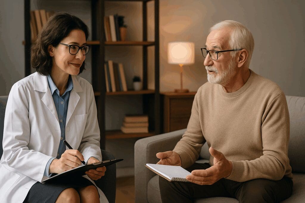 Geriatric psychiatrist speaking with an attentive senior man in a private therapy session, illustrating how to get mental health help in older adulthood.

