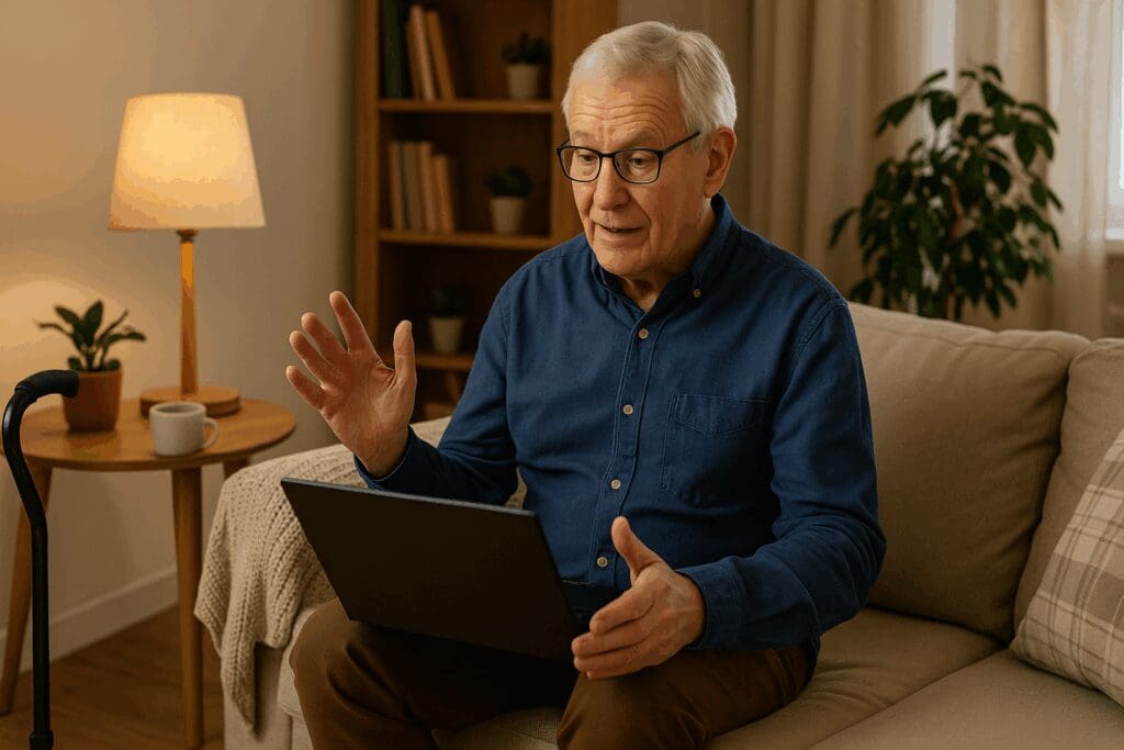 Senior man using a laptop for virtual therapy at home, illustrating how to get mental health help with mobility limitations.

