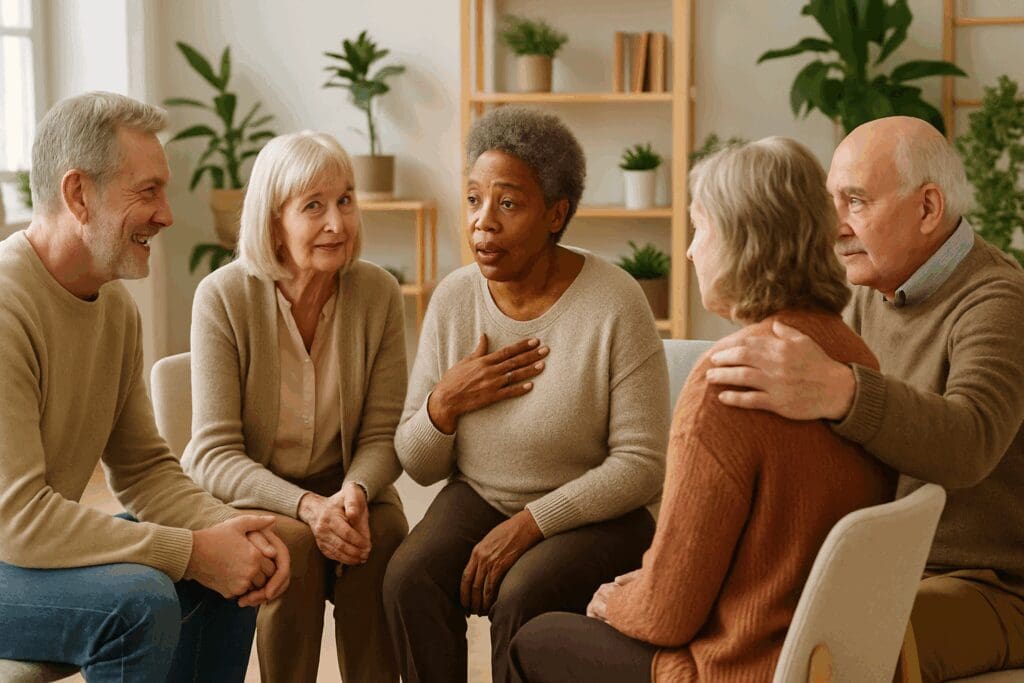 Seniors in a support group circle at a wellness center showing empathy and connection while learning how to get mental health help

