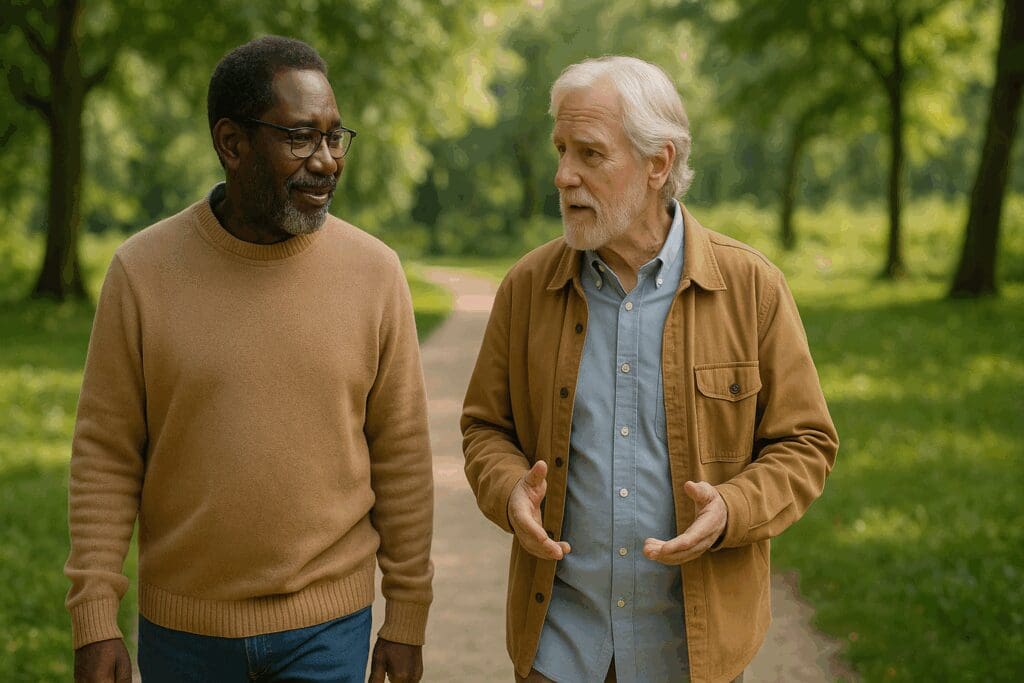 Two older men walking side-by-side in a peaceful park, offering peer support and showing how to get mental health help through conversation.

