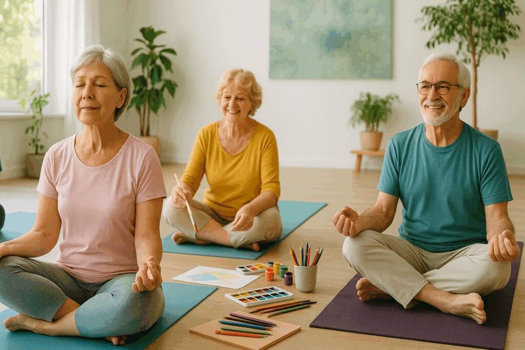 Seniors practicing seated yoga and art therapy in a peaceful wellness room, showing how to get mental health help through holistic activities

