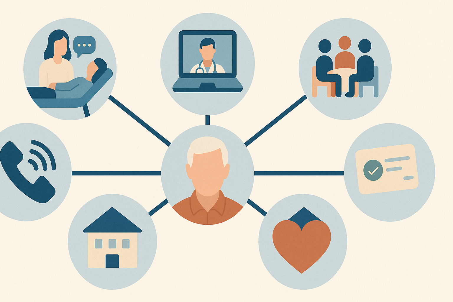 Visual infographic showing how to get mental health help for seniors, with icons for therapy, telehealth, peer support, Medicare, helpline, and community care.

