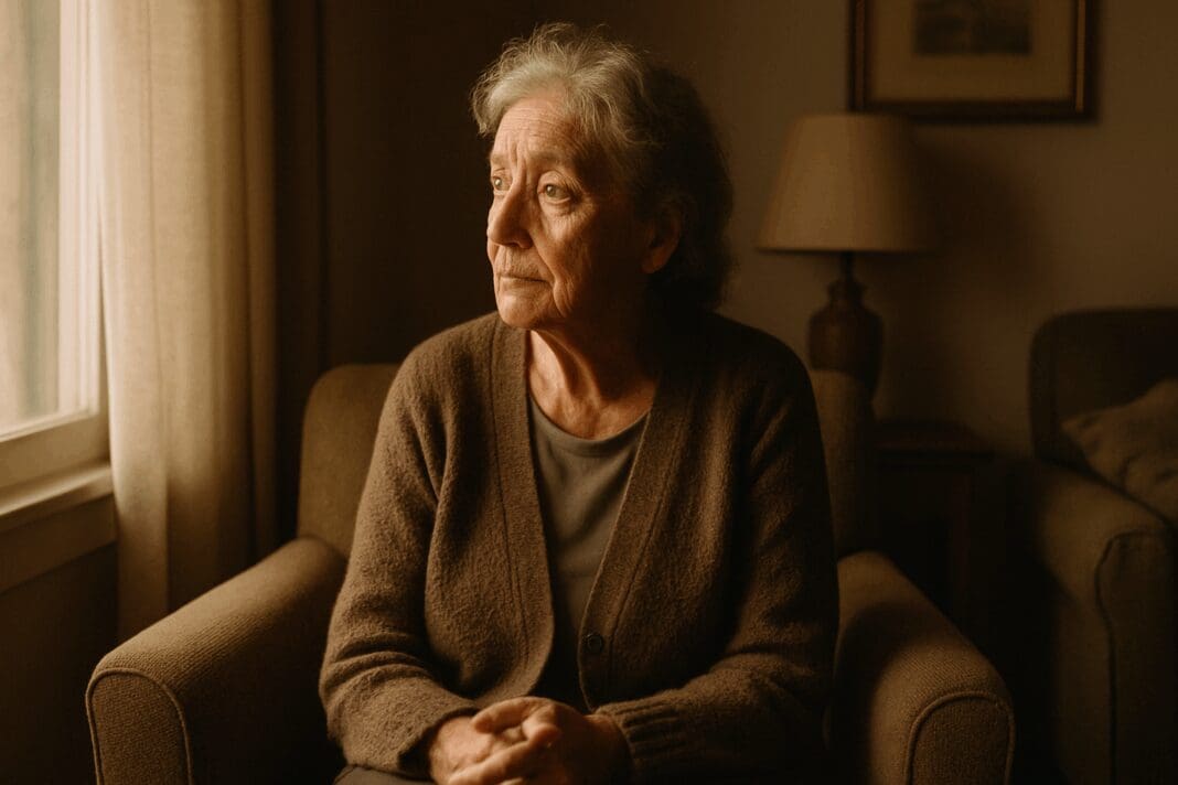 Elderly woman sitting alone in a warmly lit living room, gazing out the window with a thoughtful expression, reflecting signs of major depressive disorder.