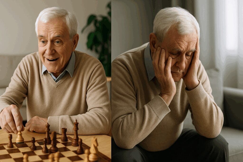 Split-scene showing a senior man engaged in a chess game on one side and withdrawn with head in hands on the other, illustrating major depressive disorder symptoms in older adults