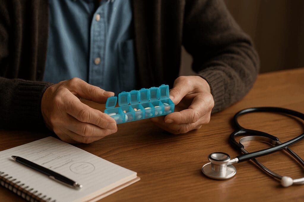 Elderly man’s hands holding a weekly pill organizer beside medical notes and a stethoscope, illustrating medication management for depression in older adults

