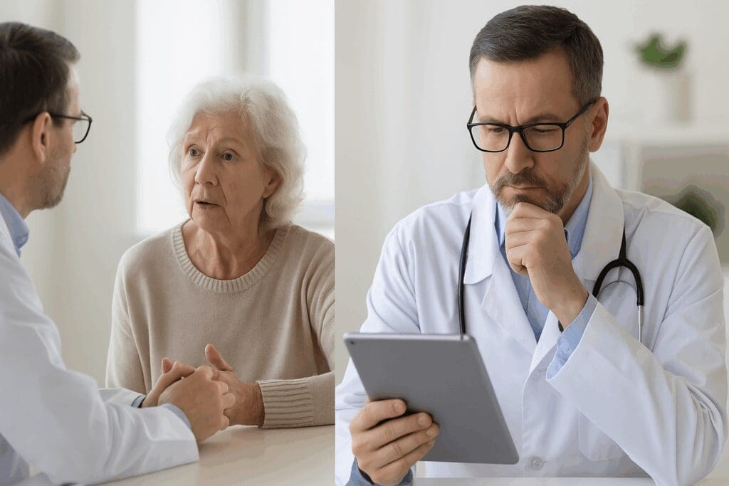 Doctor evaluating treatment options on tablet while consulting elderly patient about depression in older adults


