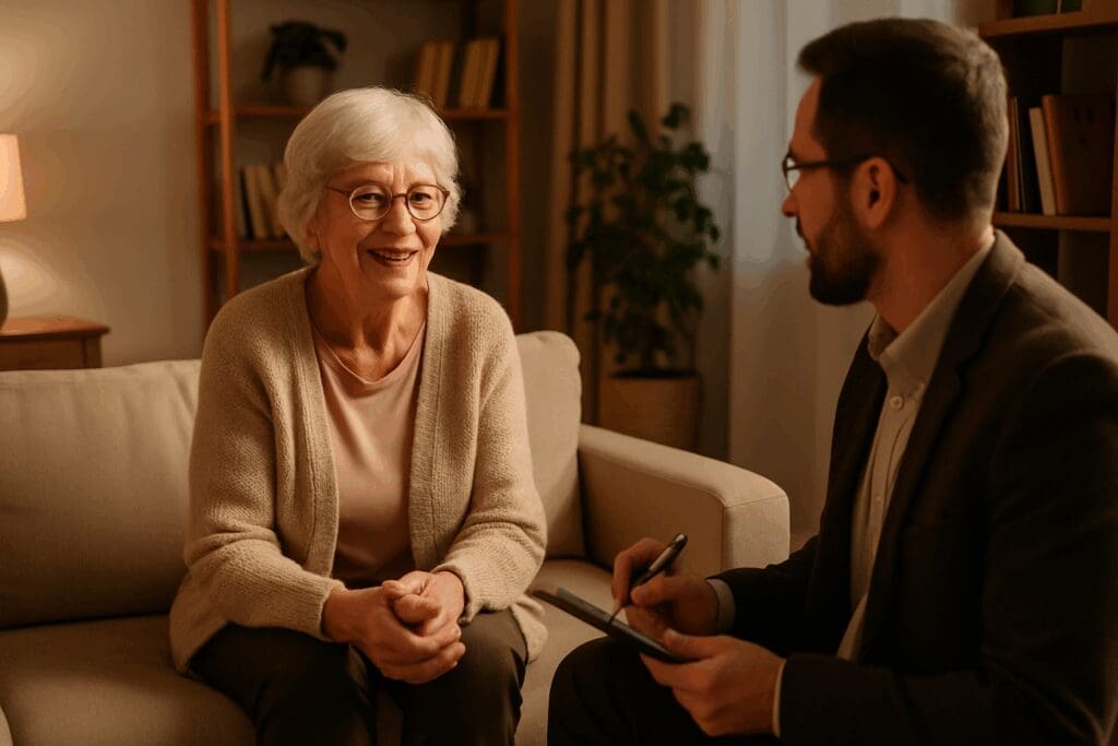 Elderly woman in a cozy therapy office speaking with a counselor, symbolizing treatment for depression in older adults.

