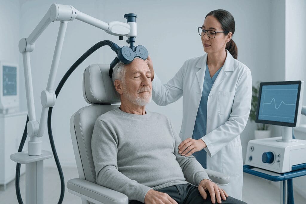 Elderly man receiving transcranial magnetic stimulation therapy in a modern clinic to treat depression in older adults

