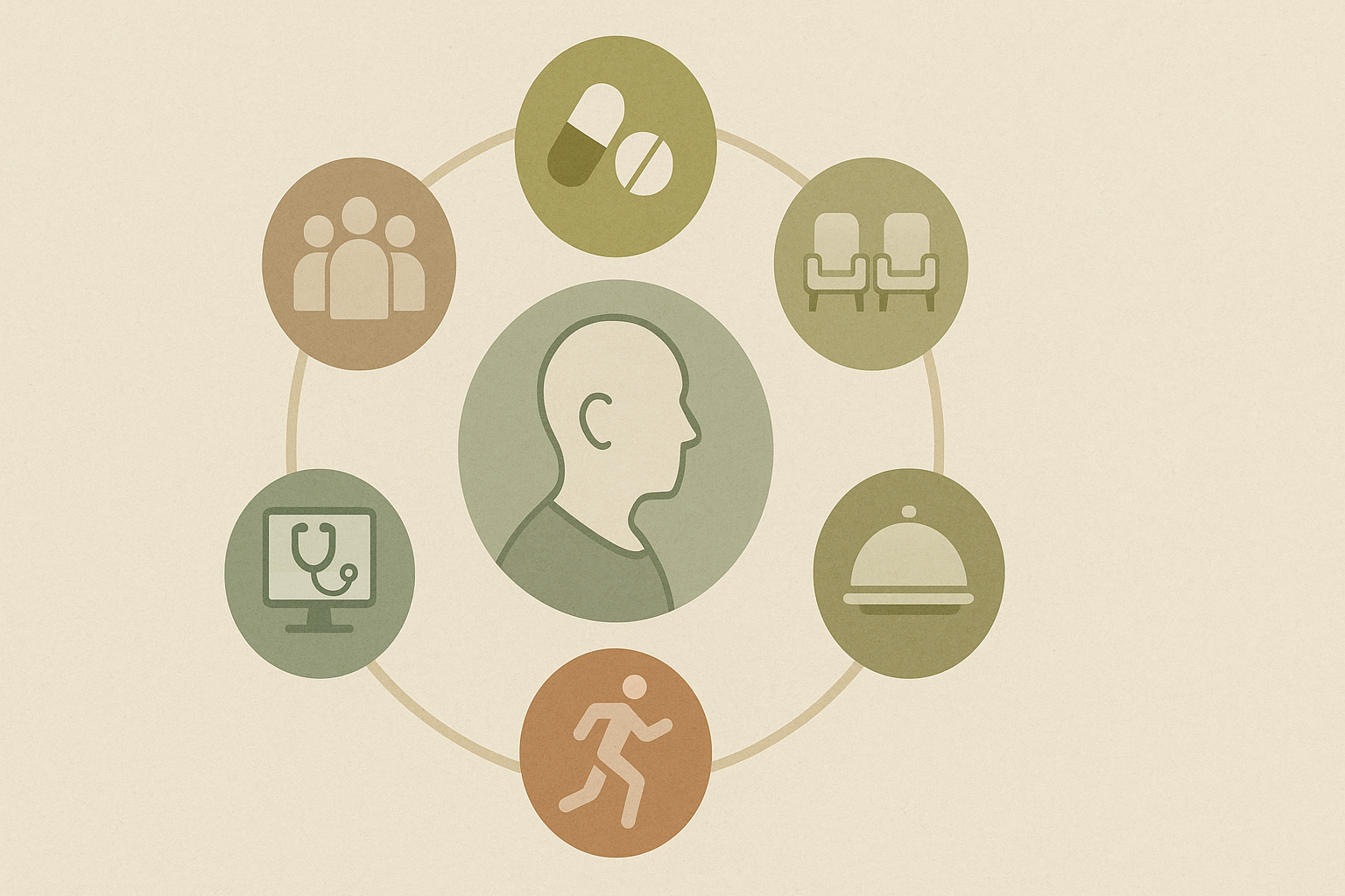 Holistic care diagram for depression in older adults showing icons for therapy, medication, diet, exercise, telehealth, family support, and screenings surrounding a senior figure.

