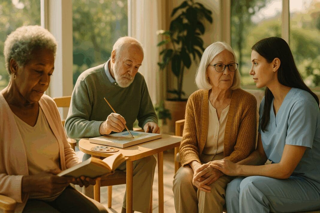 Diverse group of older adults engaged in painting, reading, and conversation in a sunny senior community, symbolizing emotional care and what does mentally unstable mean in aging.