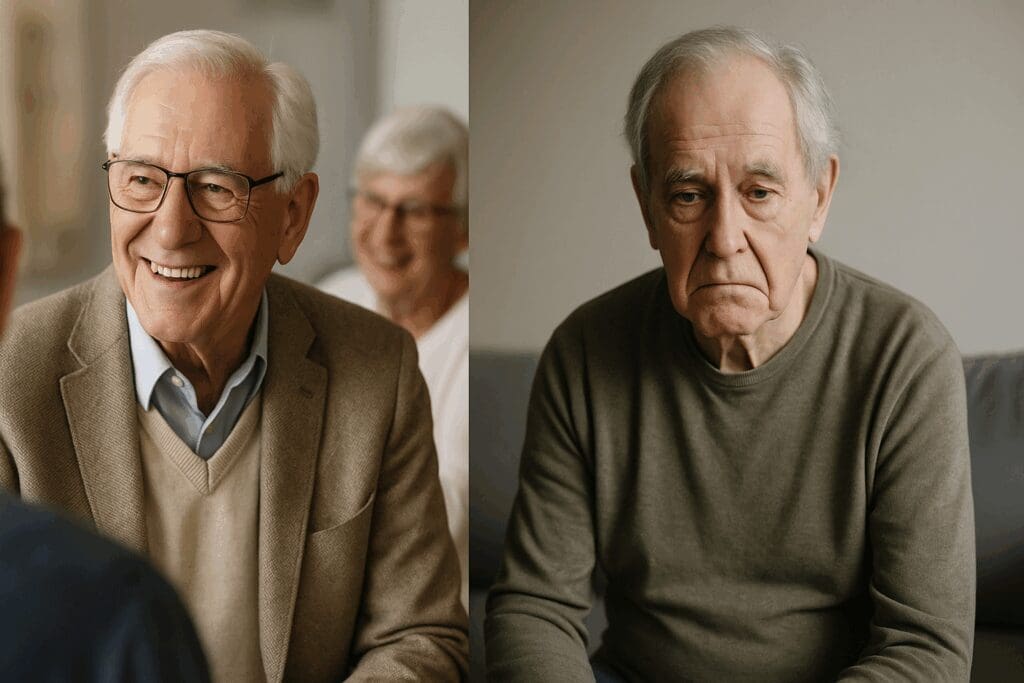 Elderly man smiling and engaged beside a withdrawn senior with a blank expression, illustrating what does mentally unstable mean in older adults
