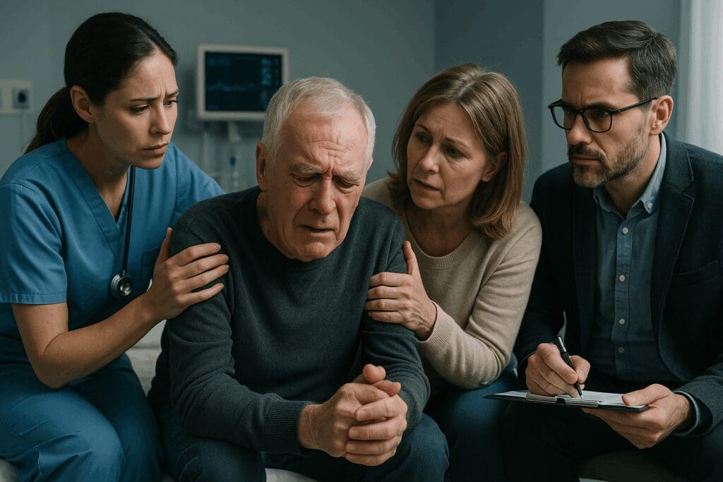 Elderly man in emotional distress comforted by a nurse, therapist, and family member in a hospital setting, illustrating what does mentally unstable mean.

