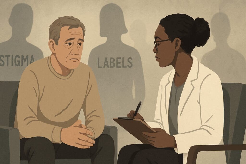 Clinician evaluates older adult in private mental health session, illustrating what does mentally unstable mean through body language and fading stigma.

