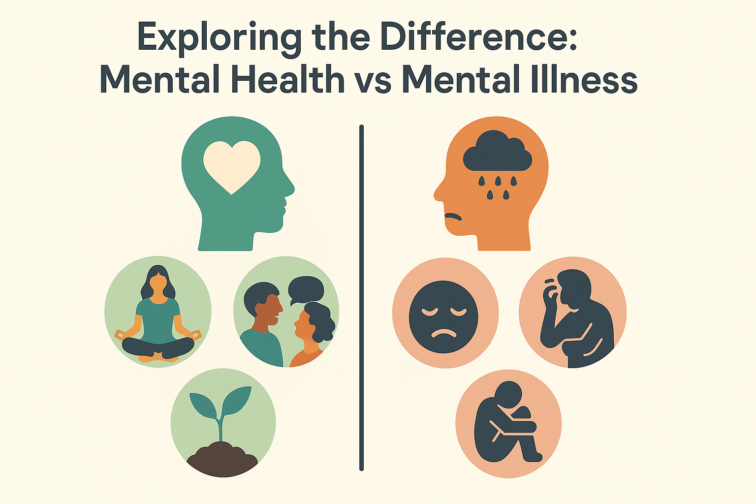 Visual infographic contrasting mental wellness activities with symptoms of mental illness, illustrating what does mentally unstable mean.


