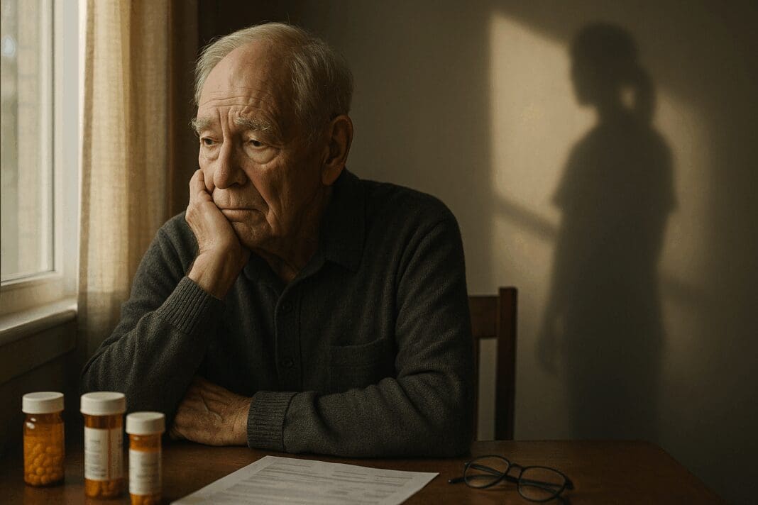 Elderly man sitting alone by a window with pill bottles and medical papers, symbolizing aging and mental health statistics in seniors.