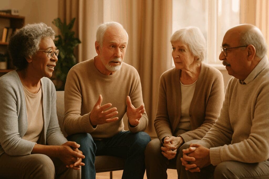 Diverse group of seniors in a support circle discussing emotional well-being, illustrating mental health statistics in aging populations

