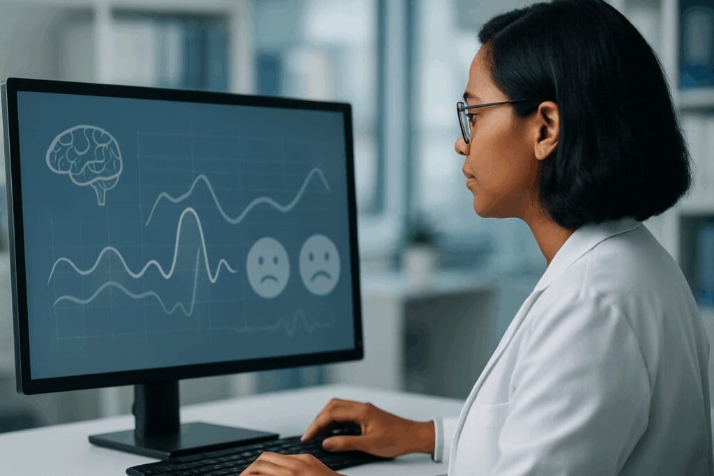 Healthcare analyst reviewing charts with mental health statistics on a computer screen in a public health office

