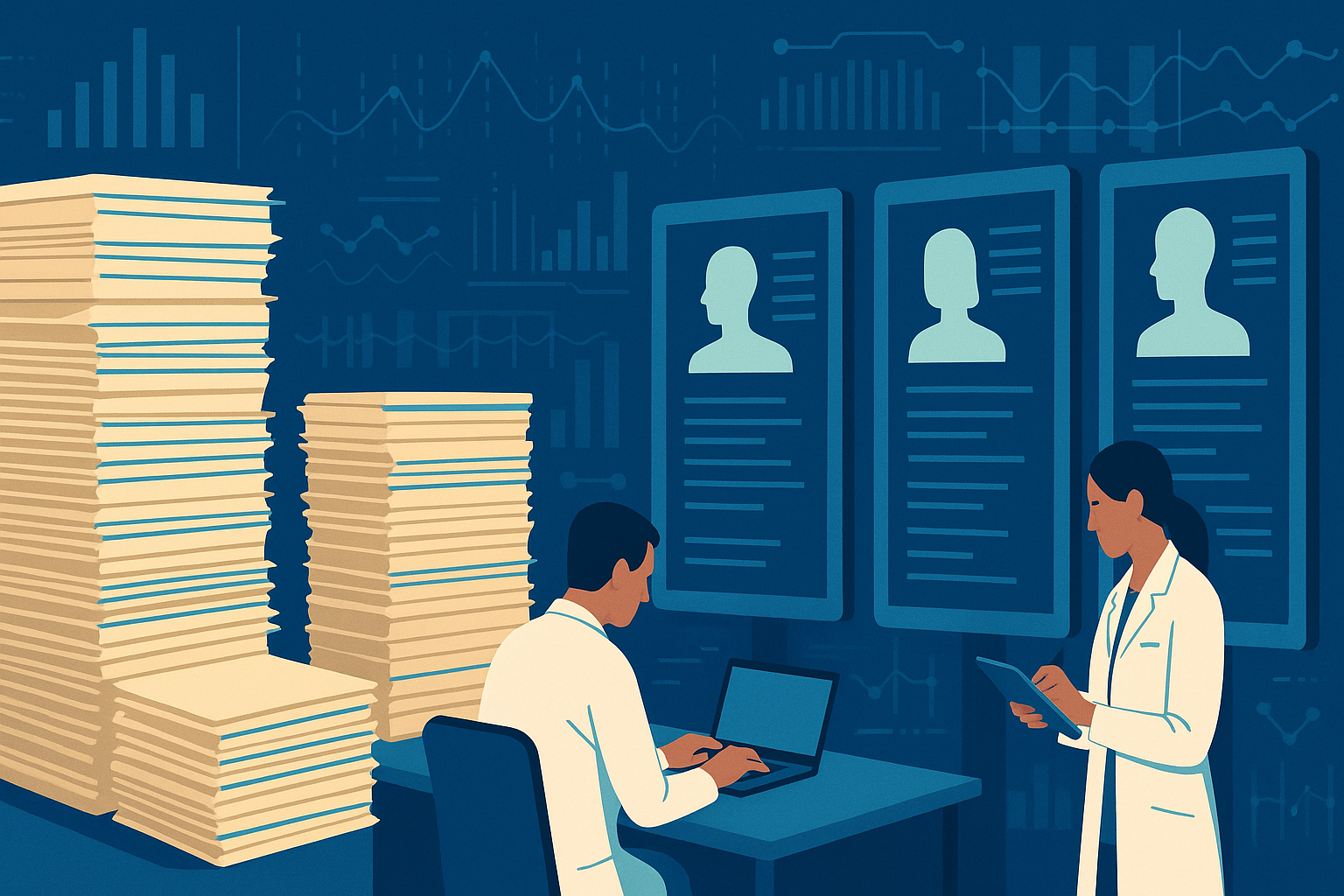 Healthcare professionals analyzing digital patient profiles and paper records to track mental health statistics using AI-driven systems
