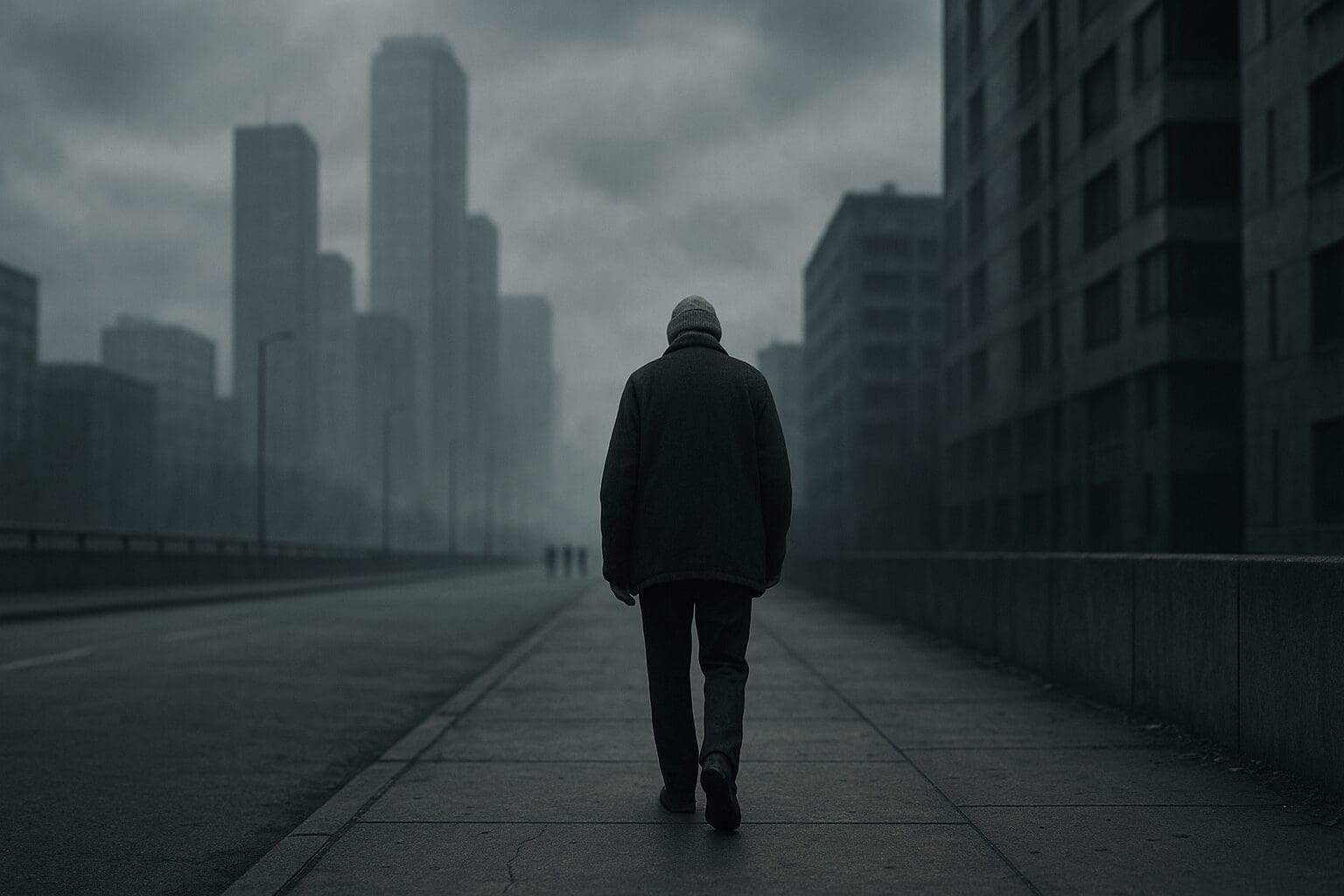 Older adult walking alone on a grey city sidewalk, symbolizing isolation and systemic issues tied to mental health statistics
