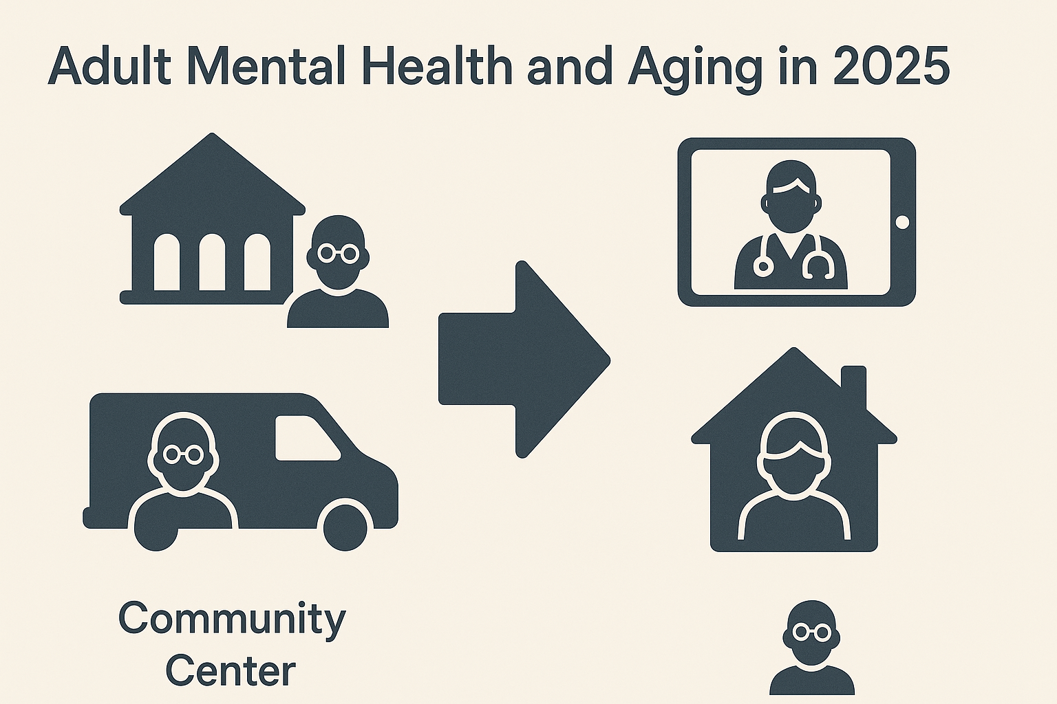Infographic comparing traditional services like senior centers and outreach vans with modern, tech-enabled care for older adults, illustrating trends in mental health statistics.

