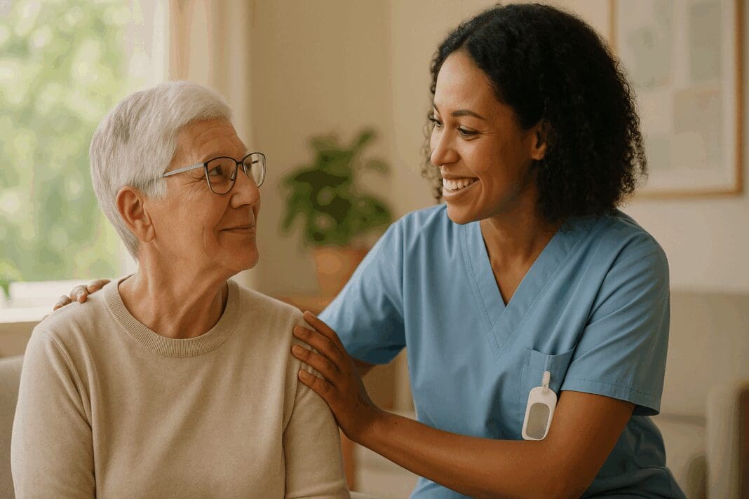 Healthcare provider supporting a senior adult in a bright counseling room, reflecting US federal health agency mental health support.