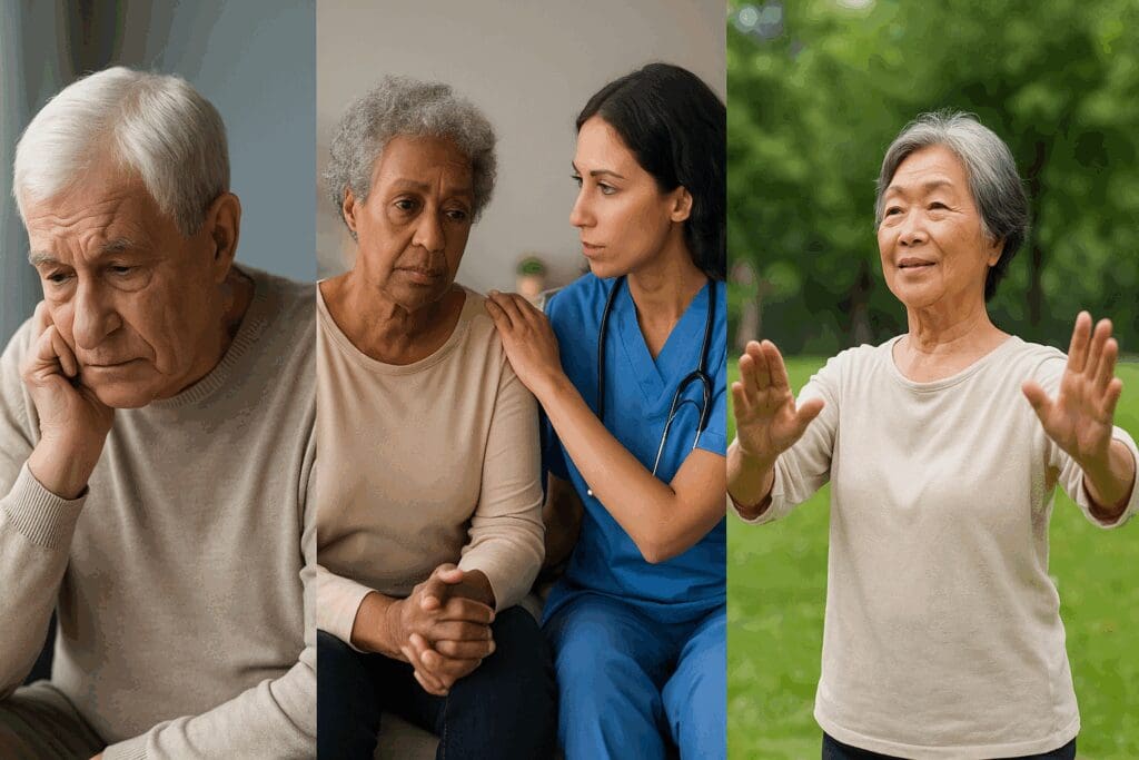 Three diverse seniors reflect challenges and support in late-life wellness, symbolizing US federal health agency mental health priorities.

