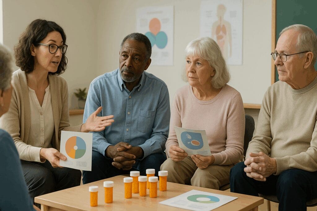 Older adults in a community workshop discuss medication safety with a counselor, illustrating US federal health agency mental health outreach.

