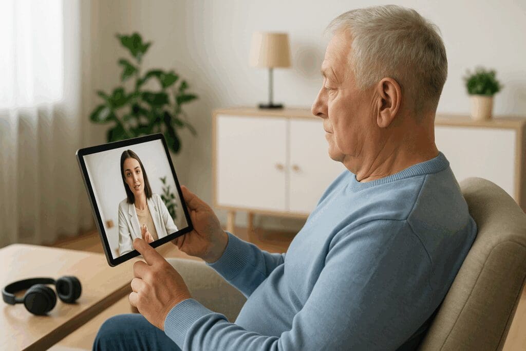 Senior man attends virtual therapy session on tablet at home, highlighting US federal health agency mental health access via telehealth.

